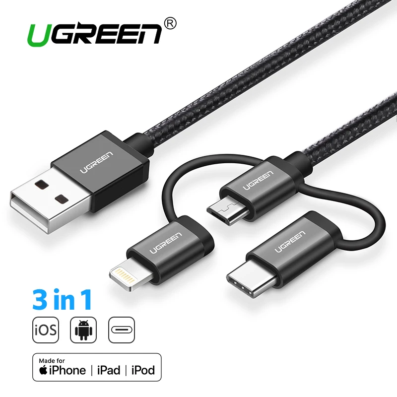 Дешево Ugreen 3 в 1 Lightning font b USB b font кабель для iphone 8 7 Micro font b USB b font кабель быстрой зарядки Тип font b USB b font C для OnePlus 5 Samsung Galaxy S8 LG V3