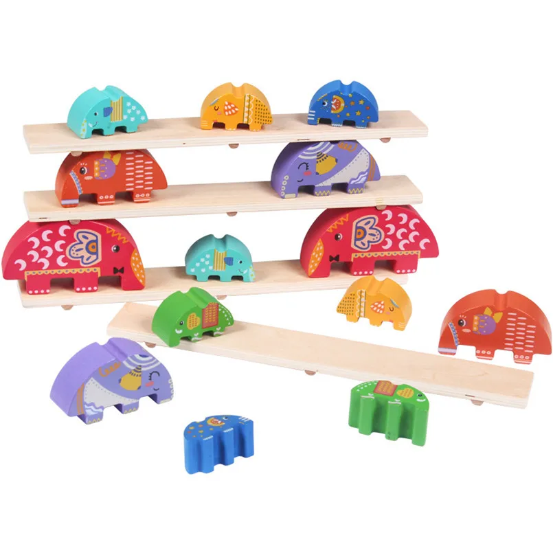 Wooden Balance Elephant Block Toy Children Cartoon Animal Stack Balancing Game Building Block Wood Montessori Toys Baby Gifts