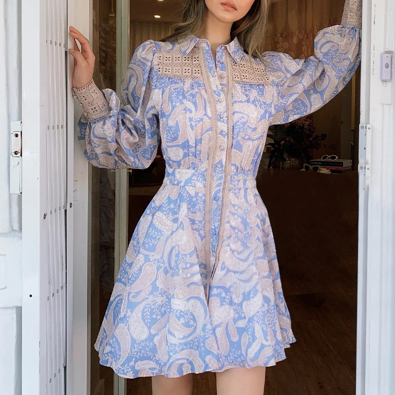 Spring New Fashion Lace Floral Print Woman Mini Dress Long Sleeve Hollow Out Slim Waist Shirt Dress Elegant Vestidos