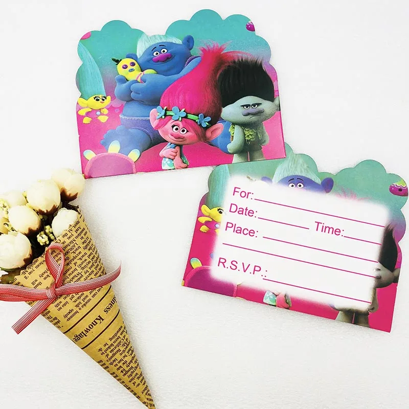 Invitation Cards 10p 6 шт./компл. мультфильм тема троллей Шум чайник/свисток мальчик пользу Рог День рождения украшения поставки выбросы свистки - Цвет: Invitation Cards 10p