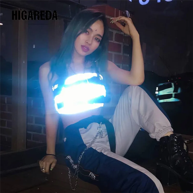 

New Fashion Reflective Buttons Women Sexy Crop Tank Tops Short Back Zipper Patchwork Popular Button Tank Tops Tees