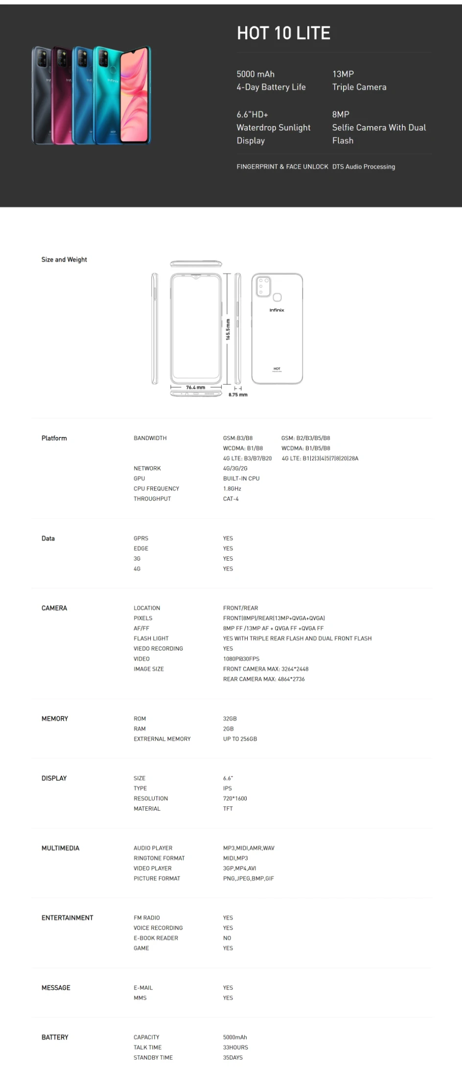 Infinix Hot 10 Lite Smartphones 5000mAh Large Battery Fingerprint & Face Unlock 13MP Triple Camera Android 10  6.6"HD Display infinix hot new model