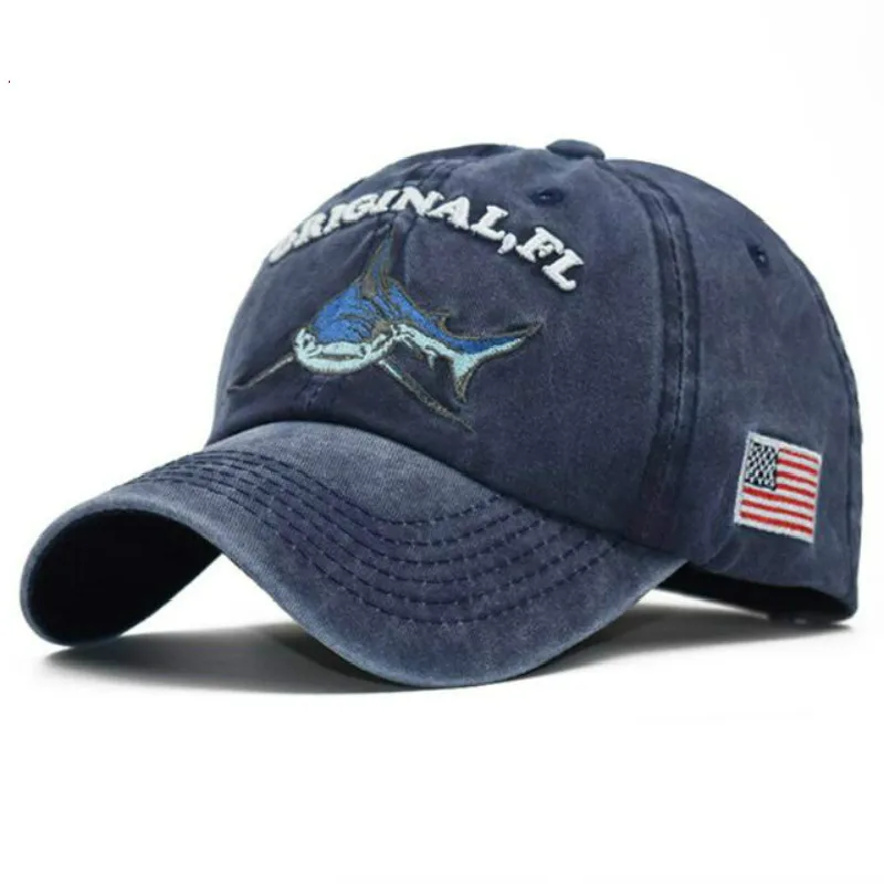 

Embroidery Washed Cotton Shark Dad Hat For Men Vintage Baseball Cap Hip Hop Curved Fishing Cap Summer Fish Snapback Women Hat