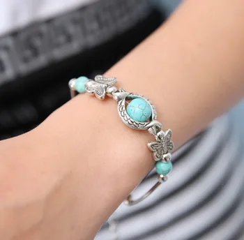 

Retro Bracelets Natural Turquoise Carved Butterfly Pendant Bohemian Women's Bracelet Jewelry Pulseira feminina Браслет женский