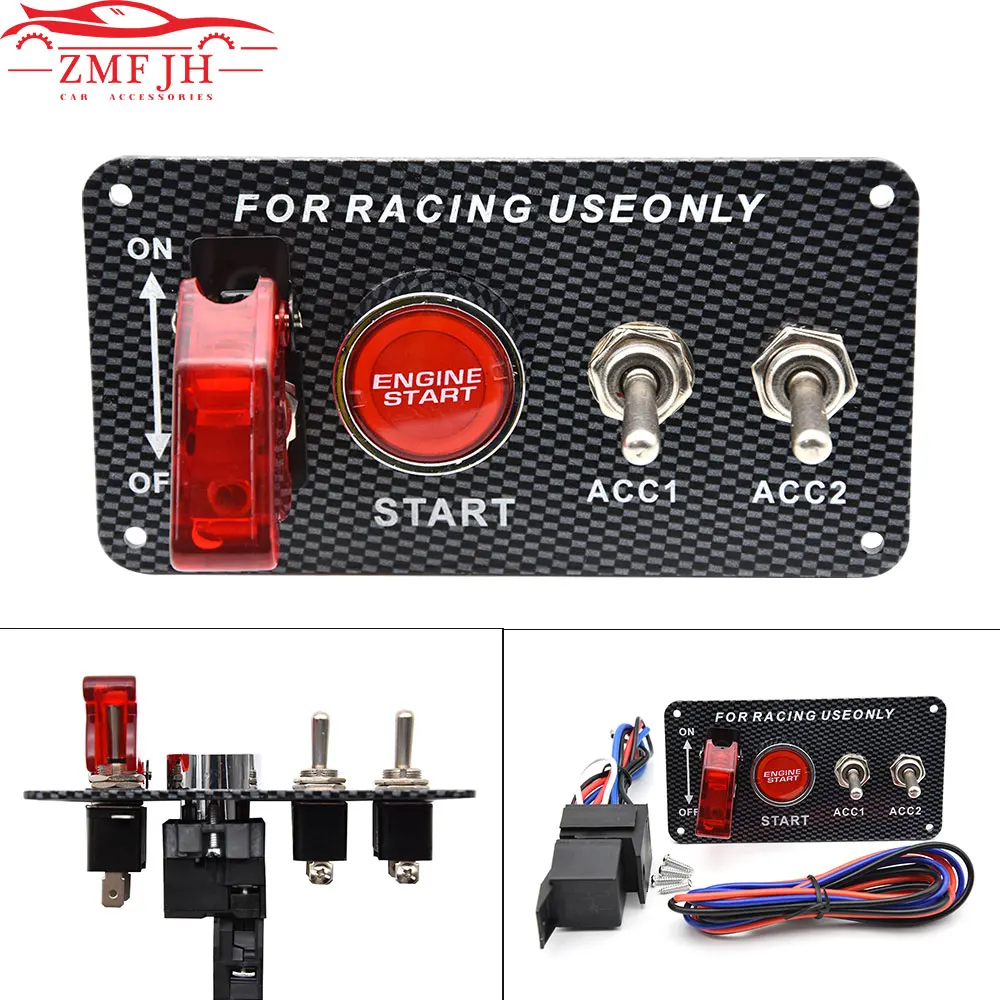 12V Racing Car Engine Ignition Switch Panel Start Push Button Toggle Toggle Switch Panel Carbon Fiber Vehicle Control Switch Panel 