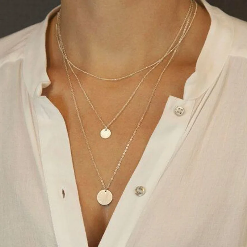 

Fashion Simple Sequins Multi-layer Necklace Pendant Women Bohemian Gold Silver Long Chain Choker Necklace Jewelry