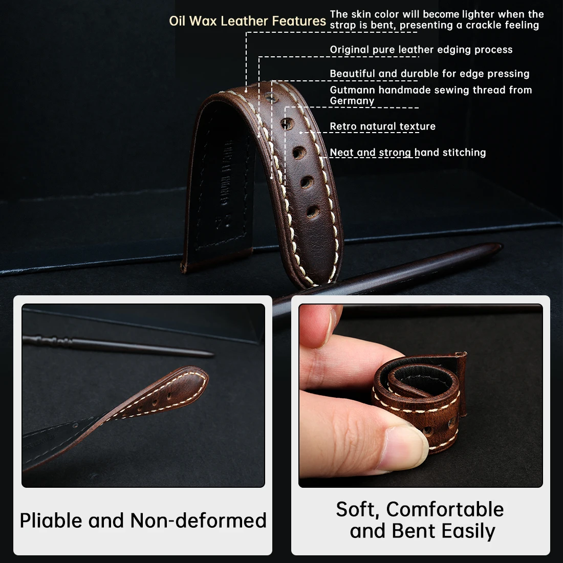 Premium Genuine Leather Watch Band with Butterfly Buckle - 18mm Calfskin Strap Bracelet
