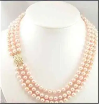 

triple strandsAAA 7-8mm Real Australian south sea pink pearl necklace 17-19"14K