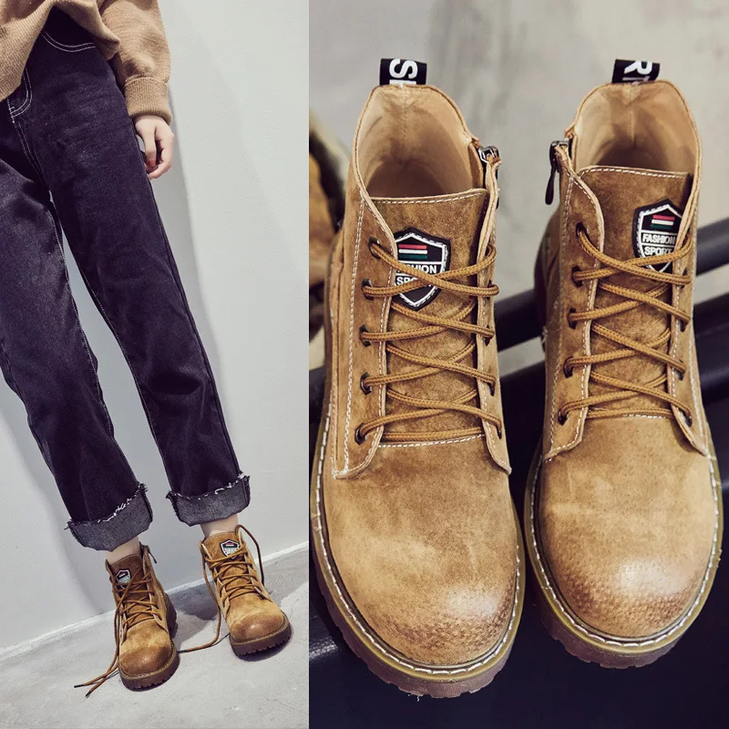 

Ankle Round Toe Low Women Boots Solid Fashion Punk Motorcycle Boots Concise Lace Up Shoes