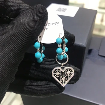 

S925 Asymmetry Hollow Love Heart Earring Paved AAA Zircon Turkish Turquoise Beads Earring Women Wedding Jewelry