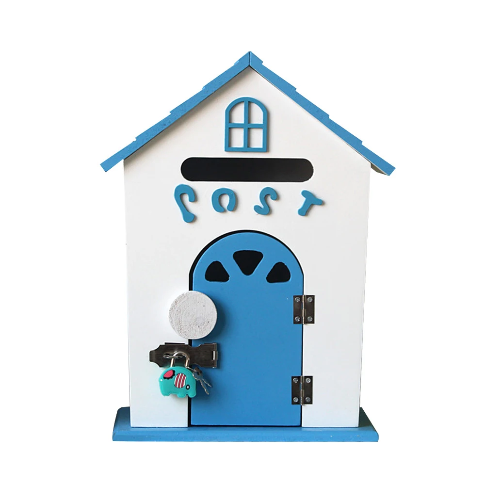Wooden Retro 3 Colors Mailbox Suggestion Box Lockable Post Letter Newspaper Mailbox Wedding Ornament Garden Decor - Цвет: Blue