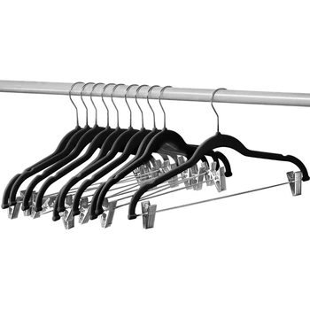 

10 Pack Clothes Hangers with Clips Black Velvet Hangers Use for Skirt and Clothes Hanger Pants Hanger Ultra Thin No Slip