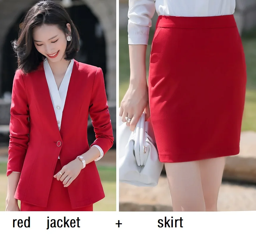 red jacket skirt Женские костюмы, тонкие, весна-осень, одноцветные, блейзеры, куртки, штаны, 2 шт, набор, OL, формальные, женские, брючные костюмы, женские костюмы, 693 - Цвет: red jacket skirt