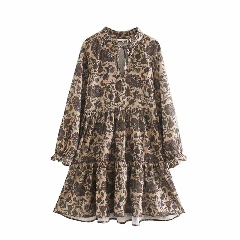 Baratos Nuevas mujeres vintage cuello en v estampado floral pliegues volantes mini vestido femenino manga larga arco casual vestidos elegantes vestidos de fiesta DS3112