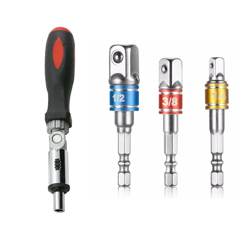 

1 Pcs 0-180 Degree Multi Function Ratchet Screwdriver 1/4 Inch Inside Hexagon & 1Set/3Pcs Hex Drill Power Bit Socket Drive Adapt