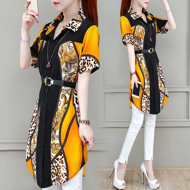 

Women Long Sleeve Shirt 2021 Spring Summer Korean Loose Medium Length Chiffon Crop Top Dress Temperament Vintage Female T-Shirt