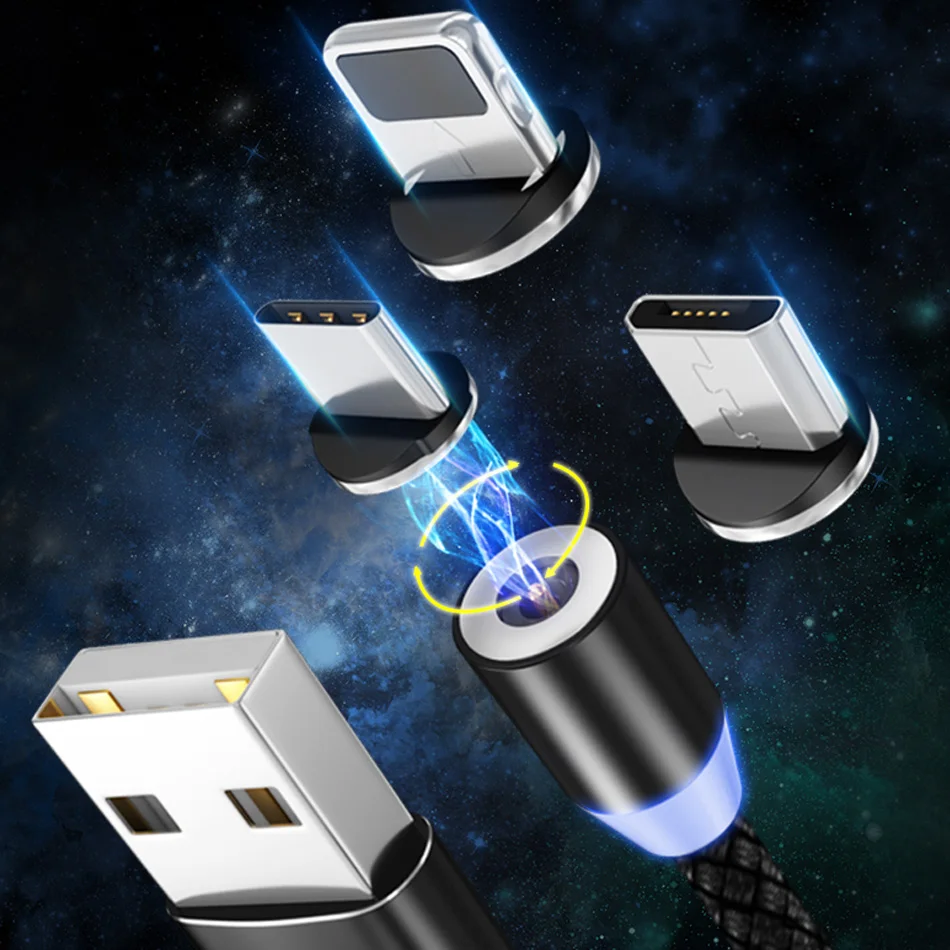 Магнитный кабель 1 м 2 светодиодный Micro usb Type C зарядный для iPhone 11X7 8 XS Max XR Huawei Samsung S10