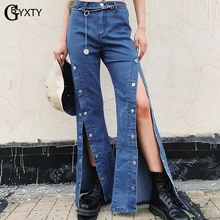 GBYXTY/винтажные джинсы с разрезом на пуговицах и низом, уличная одежда, обтягивающие джинсы с высокой талией, женские Стрейчевые расклешённые джинсовые брюки, ZA1676