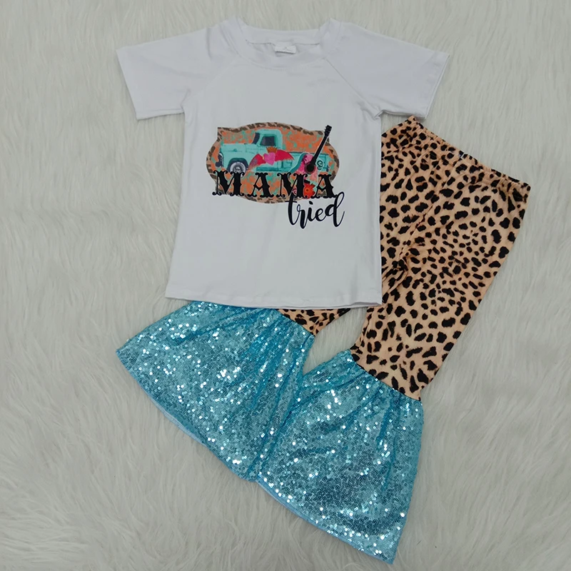 

Kids Baby Girl Clothes Round Neck Short Sleeve MAMA Tried Print Tshirts Leopard Bell Bottom 2pcs Toddler Children Clothing