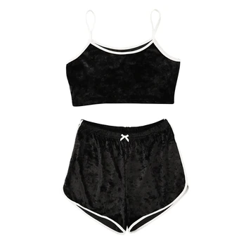 

Women Pajama Set Sleeveless Crop Top and Shorts Two Piece Set Sexy Black Velvet Pijamas Sleepwear