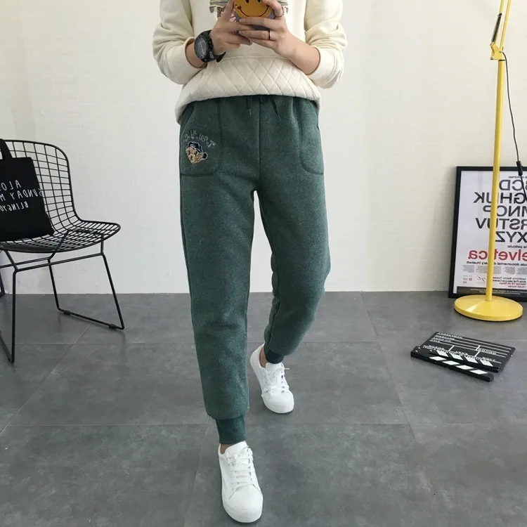 Blackish green Зимние свободные женские утепленные кашемировые брюки из овечьей шерсти, облегающие маленькие брюки-Капри, женские брюки, спортивные штаны - Цвет: Blackish green