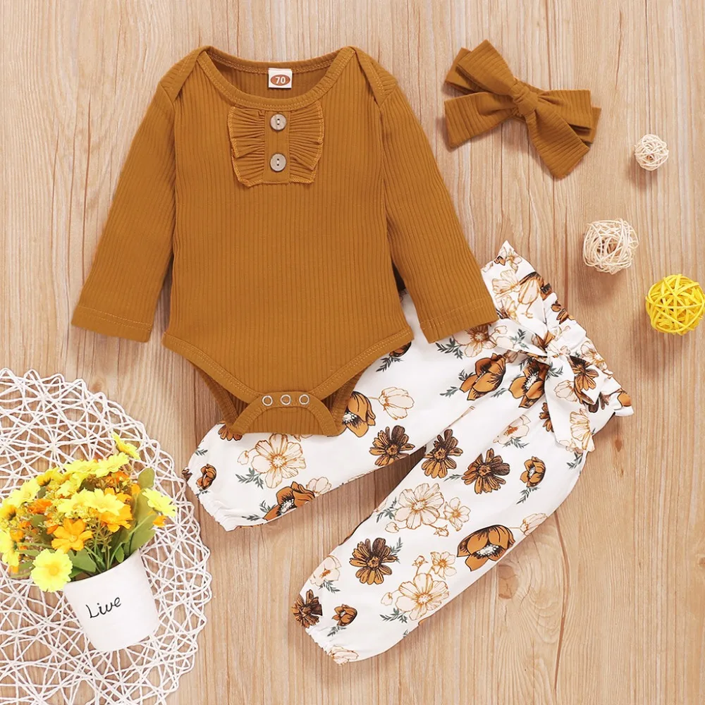 baby floral clothing set 0-18M Baby Girls Clothes Set Toddler Knit Romper Spring Autumn Infant Newborn Cute Outfit Ruffle Long Sleeve Pants Headband 3Pcs warm Baby Clothing Set