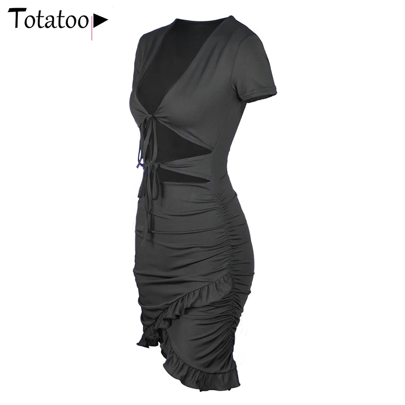 Totatoop Lace Up V Neck Ruched Bodycon Mini Dress Women 2020 Summer Hollow Out Ruffles Sundress Beachwear Vestidos