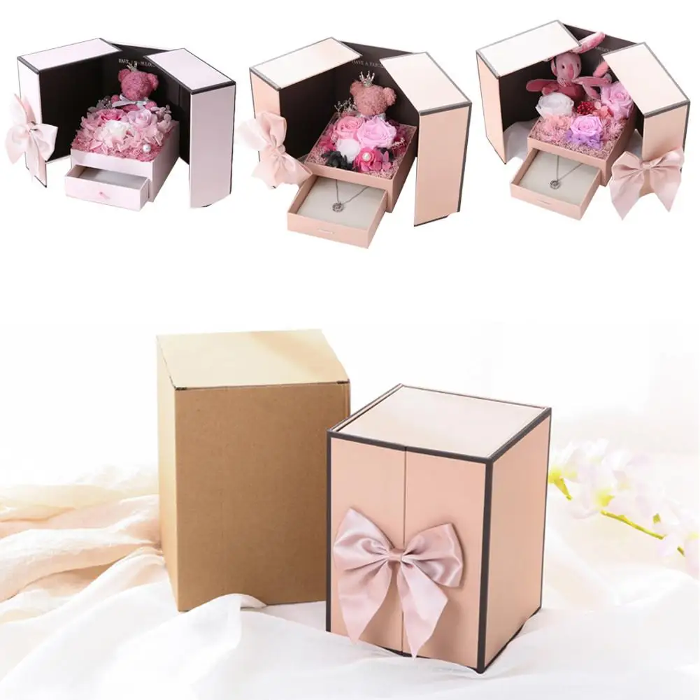 Double-door Necklace Pendant Box Flower Jewelry Display Gift with Artificial Rose Bear Decor for Valentine's Day Present 30E | Дом и сад