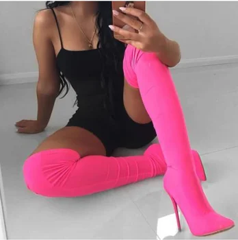 

US4-11 Womens Pointed Toe Socks Tube Stretchy Over The Knee Thigh Boots High Stilettos Heel Sexy Pull On Shoes Slim Sexy 3Colors