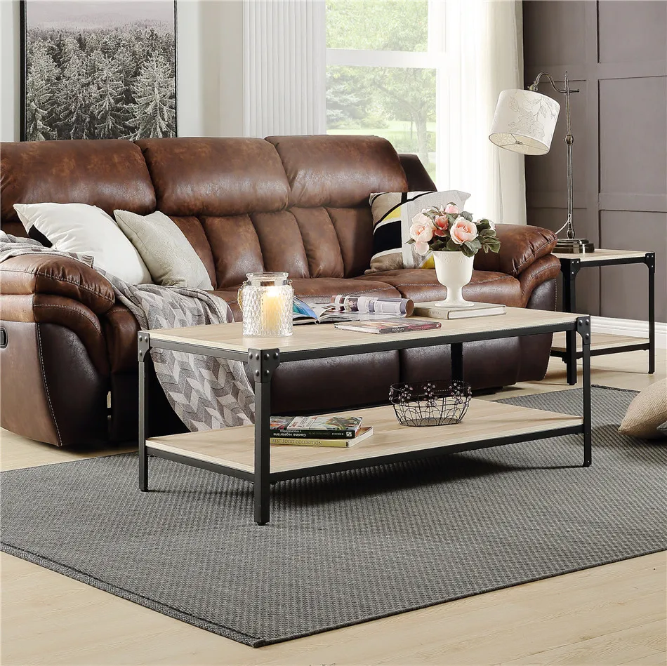 

Industrial Coffee Table for Living Room With Storage Shelf Rivet Design Wood Look Accent Furniture Oak