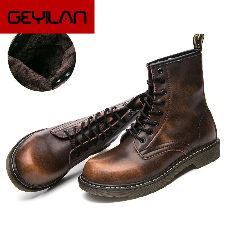 

Men Motorcycle Boots Vintage Combat Boot Winter Fur 2018 New Cow Split Leather Waterproof Buckle Military Boots Men Shoes 46 47