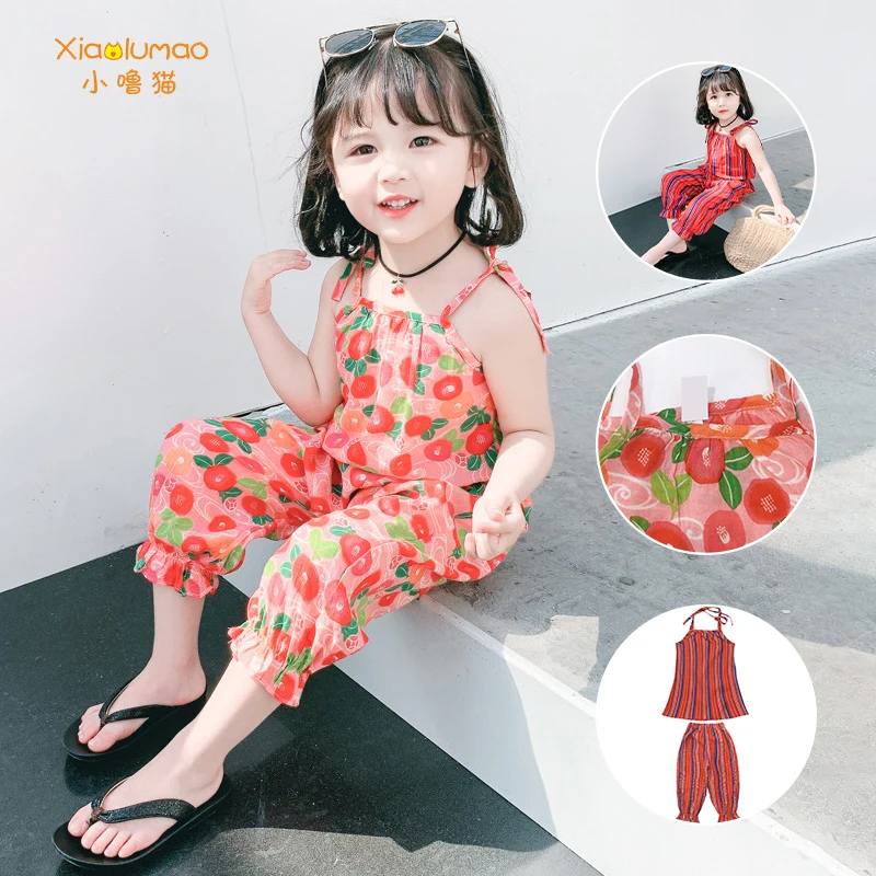 

Summer set for girls tiktok clothes sleeveless t-shirt cotton 2020 striped soft oversize twins ruffle shorts wholesale clothing