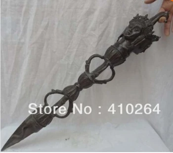 

Free Shipping 26" Tibet Buddhism Bronze Vajra Dorje Head Statue Protect Phurpa Talisman Pestle
