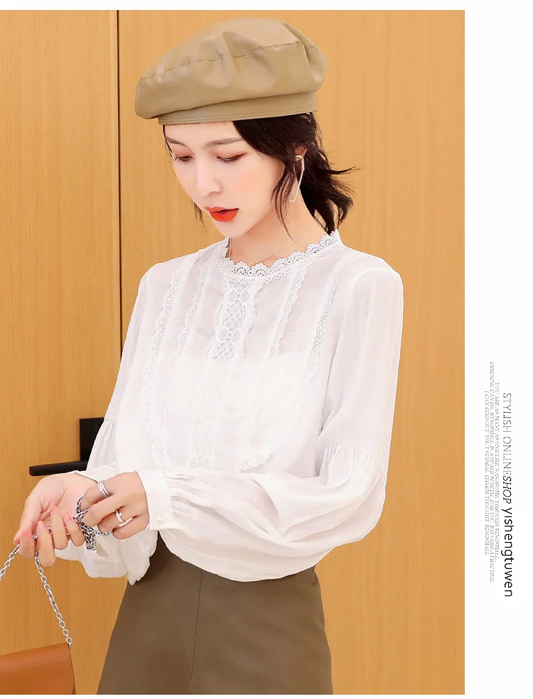 Женская блузка, blusas mujer de moda, длинный рукав, шифон, кружево, рукав-фонарик, chemisier femme nouvelle, коллекция 6959 50