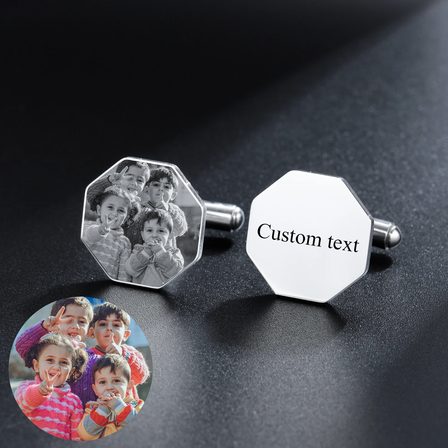 Custom Name Cufflinks Engraving picture Name Cufflinks Buttons Wedding Gifts Sliver Hexagon Suit Cufflinks Men Jewelry Gifts