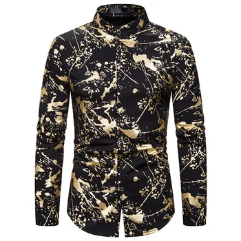 

Men Shirt Bronzing Print Long Sleeve Slim Blouse Male Casual Fashion Wild Shirts Spring New 2020 White Silver Gold