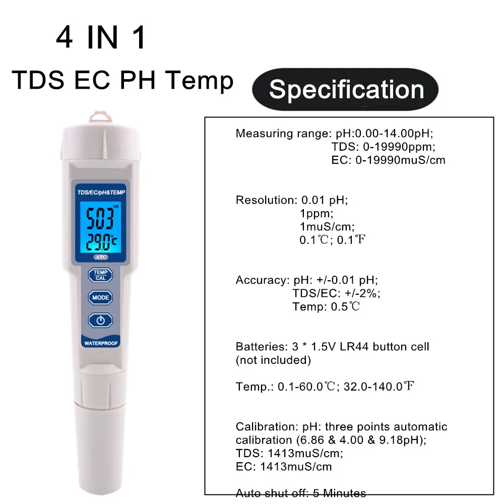 PH Meter, Water Quality Tester Professional 4 IN 1 TDS PH EC Temp Meter PH Tester Water Quality Testing