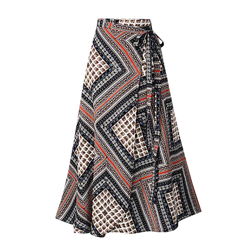 Women Print Pleated Skirt  Elastic High Waist Side Pockets Skirts Elegant Female Bottom Size M-5XL 2020