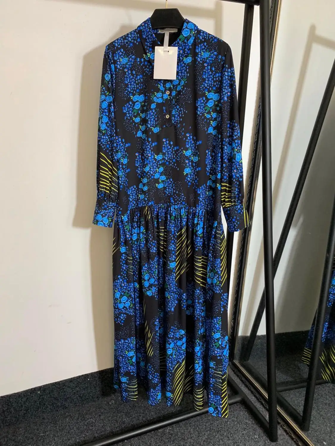 12.6 New Gradient Print loose long sleeve Turn-down collar pleated Dresses
