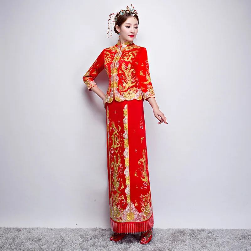 Традиционное китайское свадебное платье Cheongsam с кисточками в старинном стиле, традиционная вышивка, красный цвет, Восточный Феникс, Qipao Vestidso