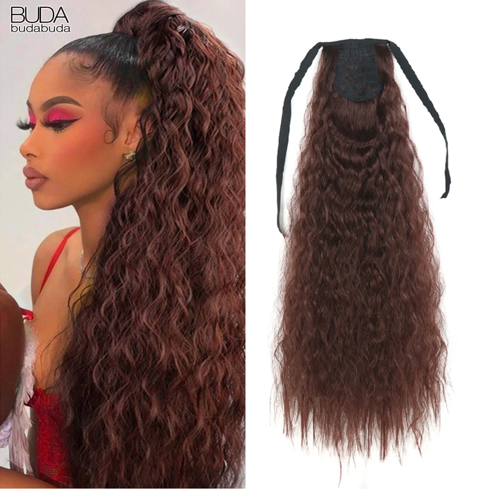 

Synthetic Long Corn Wavy Ponytail Hair Extensions Drawstring Ribbon Fake Hair Black Pony Tail Clip In Extensions Women Hairpiece