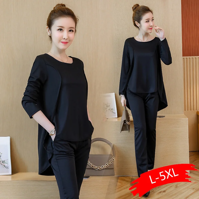 

L-5xl 2019 Autumn Black Blue Casual Women Set Long Sleeve Fake Two Piece Tops+pants Women Suit Sets Plus Size Women's Costumes