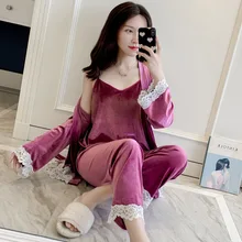 Fiklyc женская сексуальная пижама на бретельках халат из трех частей костюм золотой бархат домашний сервис с длинными рукавами брюки