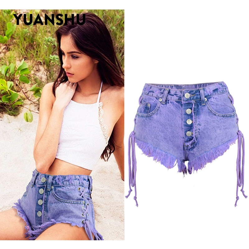 

Fashion Summer High Waist Breasted Distressed Short Jeans Women Double Side Straps Ladies Purple Denim Shorts