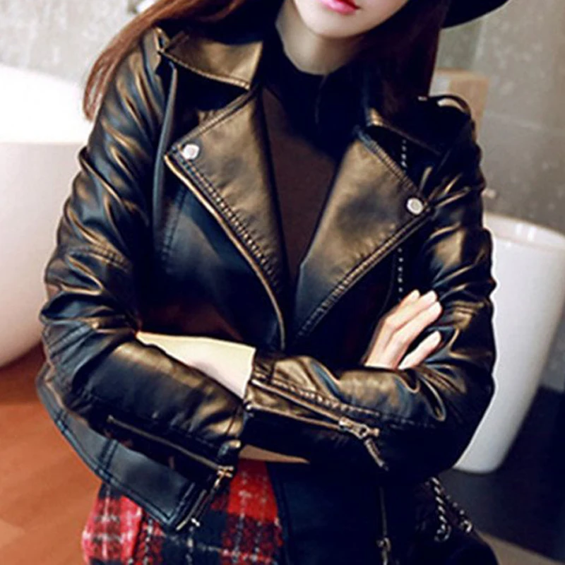 

Short Leather Jacket Female Motorcycle Basic Coat PLus size 2019 Women Streetwear Biker Ladies Outerwear Spring Autumn Clothing