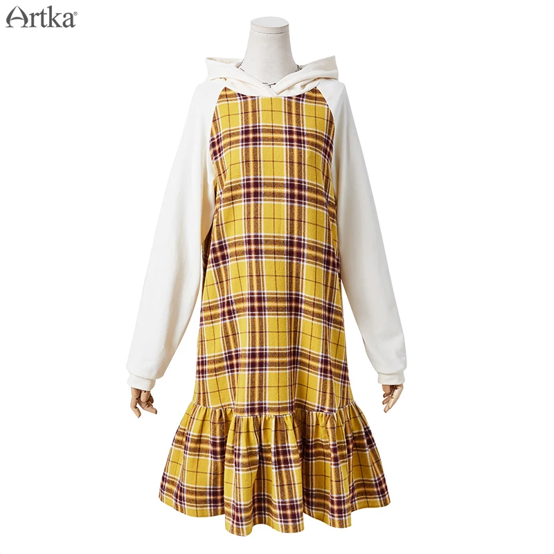 ARTKA осенне-зимнее Новое Женское платье хлопковое клетчатое сшитое платье повседневные толстовки платья с длинным рукавом платье LA15096Q
