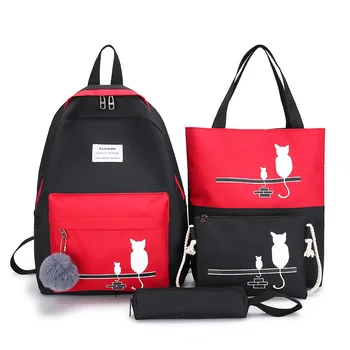 

4Pcs/Set Women Backpack Canvas Cat Pattern School Bag For Girl Patchwork Schoolbag Female Shoulder Bag