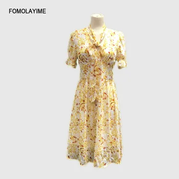 

Spring 2020 New Women Dresses Retro Bow V-neck Short Sleeves Print Dress