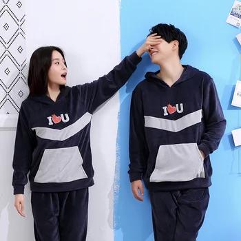 

Coral Cashmere Couple Pajamas Winter Long Sleeve Men and Women Cute Cartoon Hoodie Thicken Plush Home Wear Suit Full Polyester
