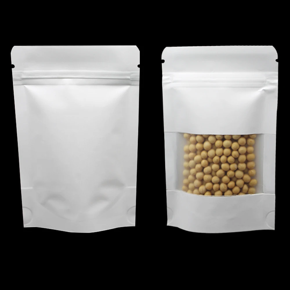 

White Doypack Kraft Paper Ziplock Bag Clear Plastic Window Package Bags Stand Up Zip Lock Tea Coffee Powder Sugar Storage Pouch